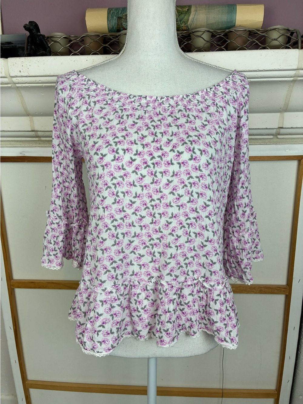 Democracy Off shoulder Blouse with Purple Floral Peplum& mini ruffles